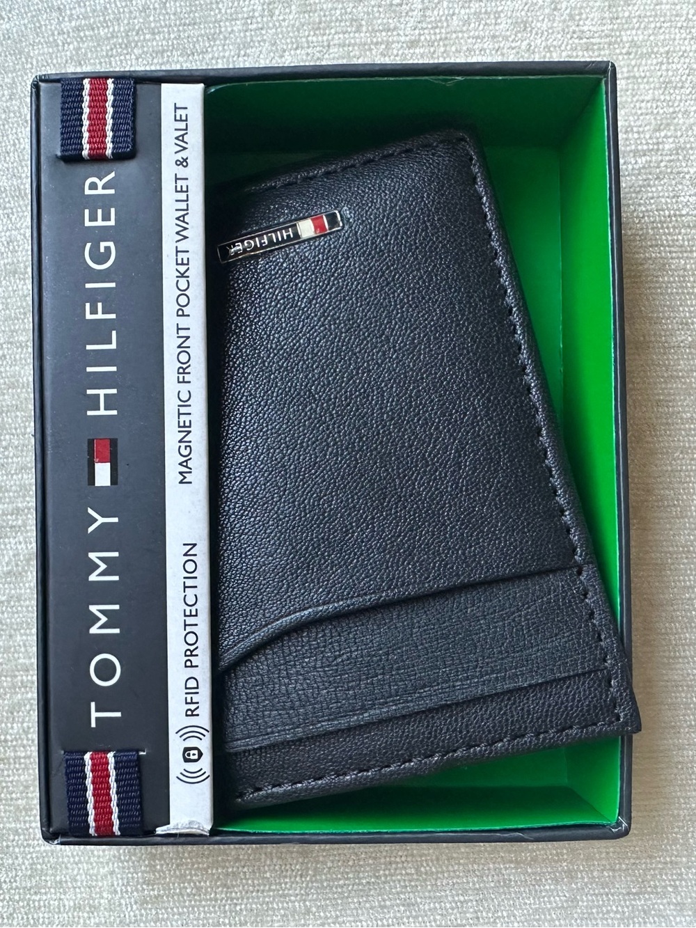 Tommy Hilfiger Black Front Pocket Card Holder with Signature Trim
